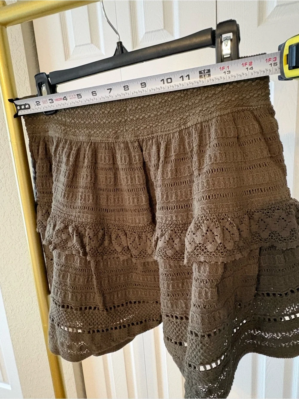Crochet Mini Skirt Cotton Ruffled Olive Green, Cottagecore Feminine Grunge Color
